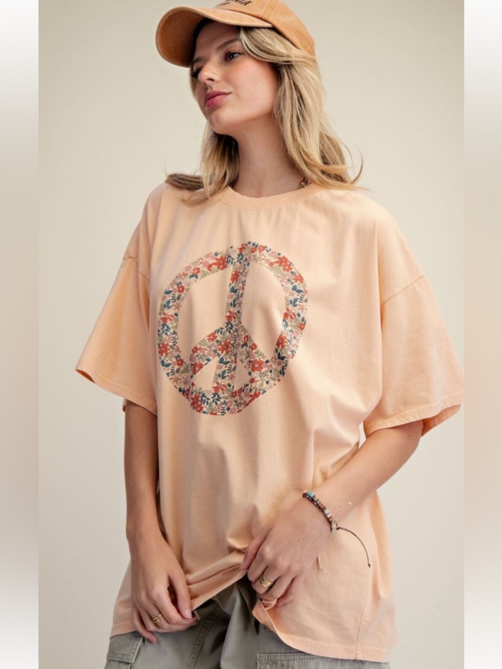 875 🌻EASEL peach MINERAL WASHED PEACE PRINT TOP